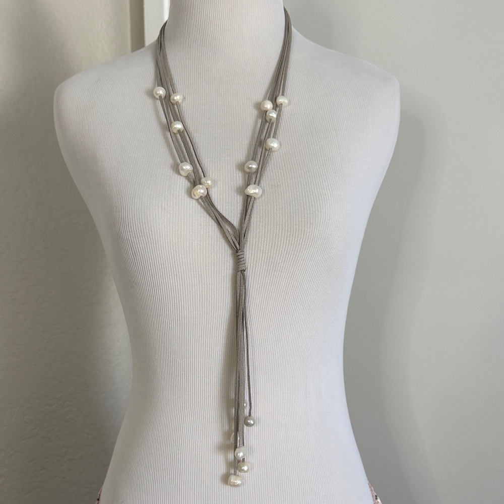 Pearl and Leather Lariat Necklace - Women Jewelry